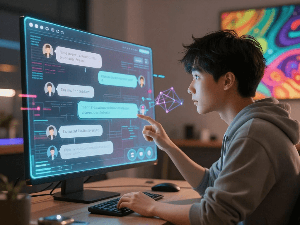 Engaging ai porn chat with an animated avatar in a futuristic digital chat environment.