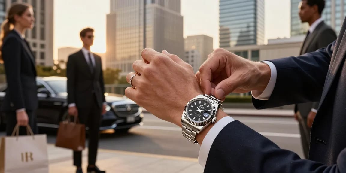 Elegant individual showcasing Rolex super clone watches in an upscale urban setting with luxury elements.