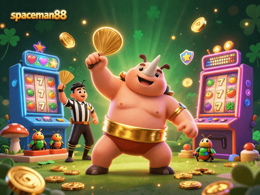 Join the action at spaceman88 with a vibrant scene featuring a sumo beetle champion in a casino atmosphere.