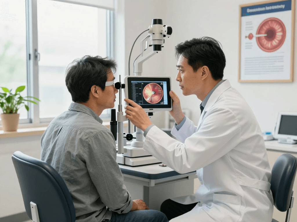 Ophthalmologist examining patient for diabetic retinopathy treatment in a modern clinic setting.
