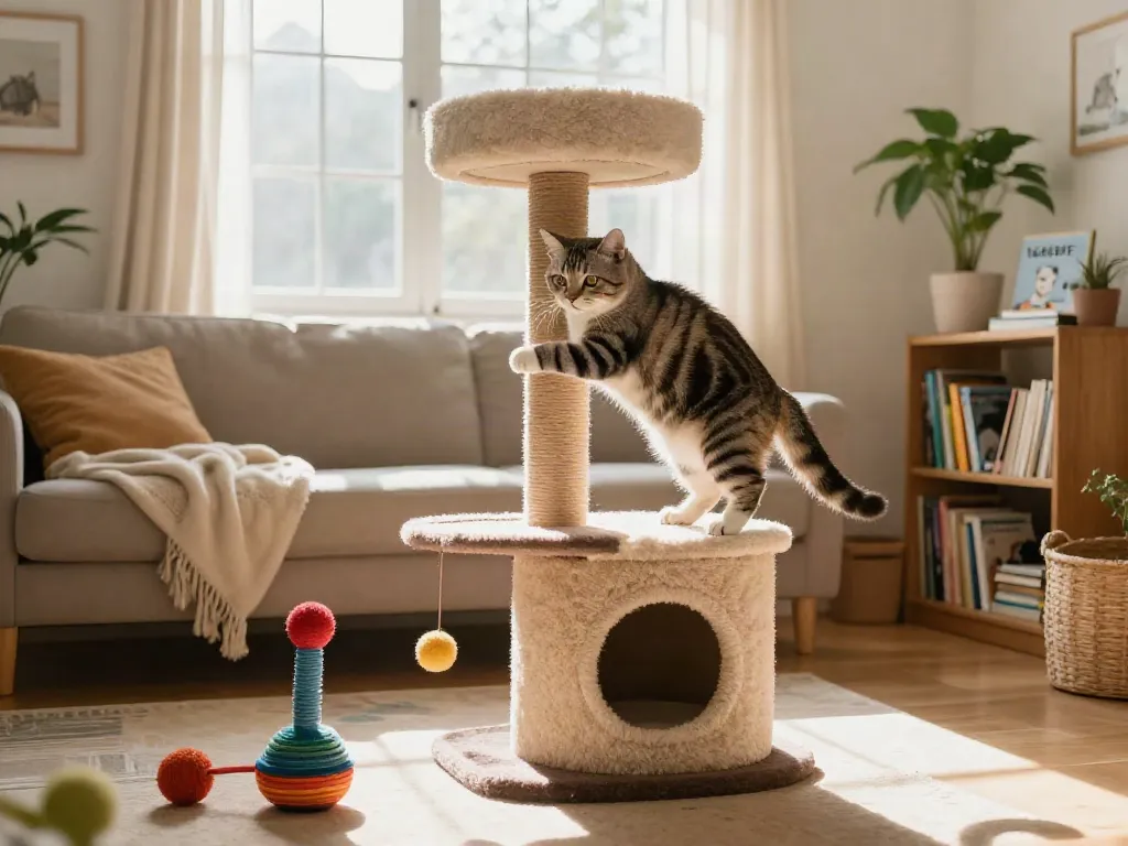 Cat trees providing playful spaces for cats in a bright living room.
