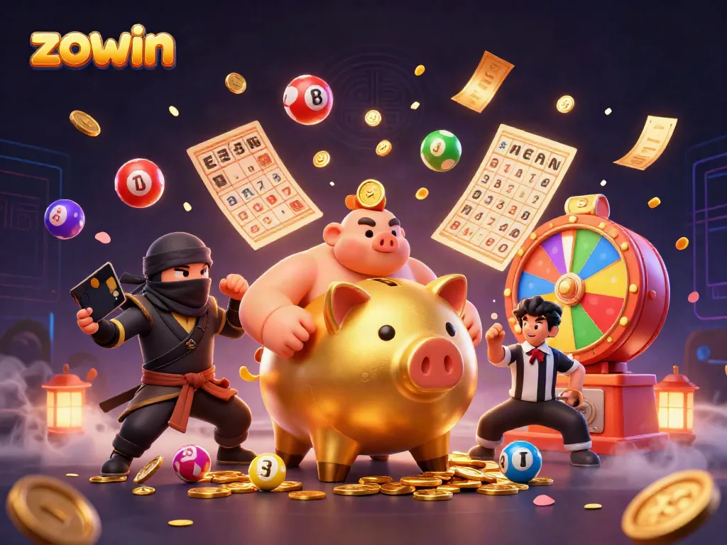 Join the fun at Zowin with a playful casino-themed illustration featuring engaging characters and vibrant elements.
