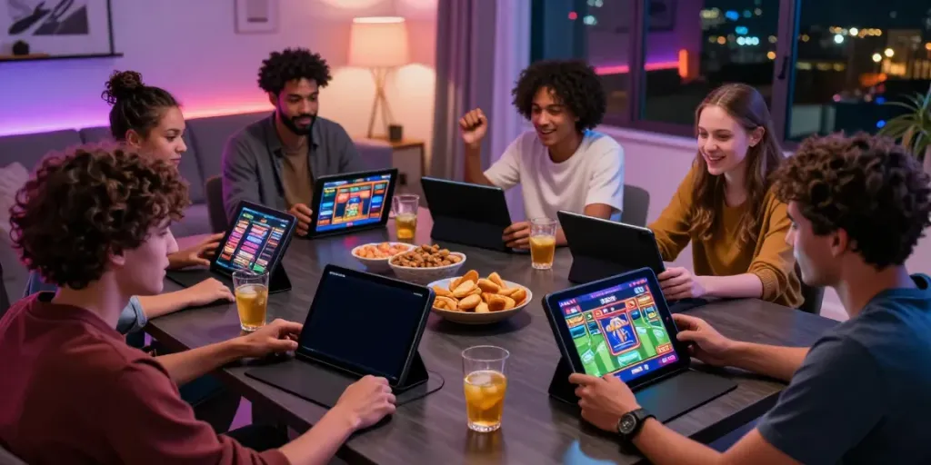 Friends enjoying DEBET online gaming on smartphones and tablets in a cozy setting.