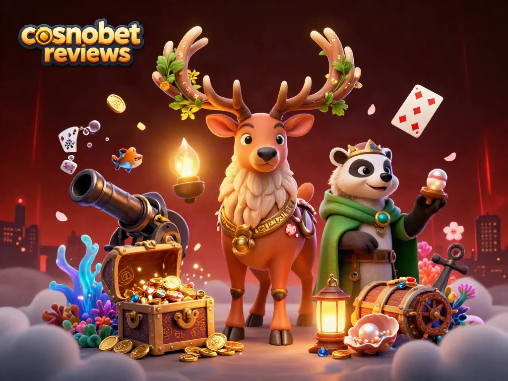 Engage with 'cosmobet reviews' amidst a vibrant casino scene filled with gold coins and mystical elements.