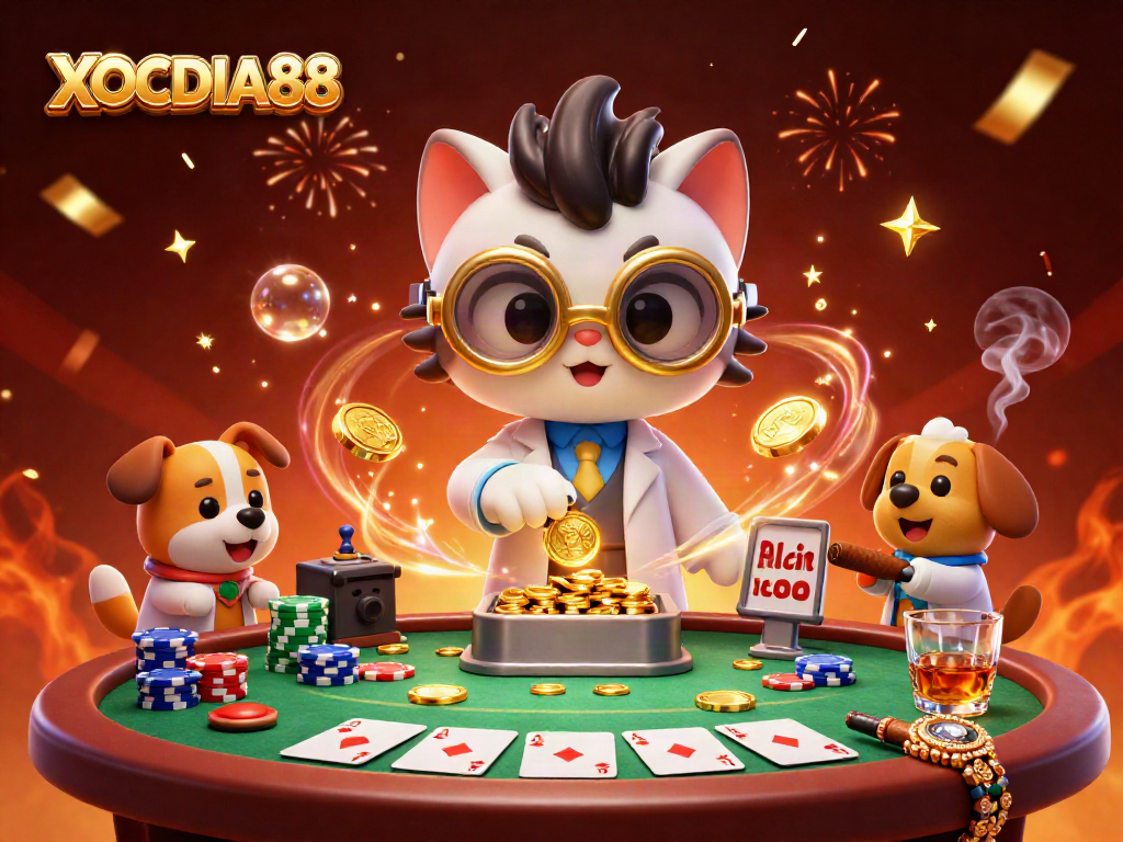 Experience the thrill of XOCDIA88 with this vibrant casino illustration featuring dynamic poker elements.