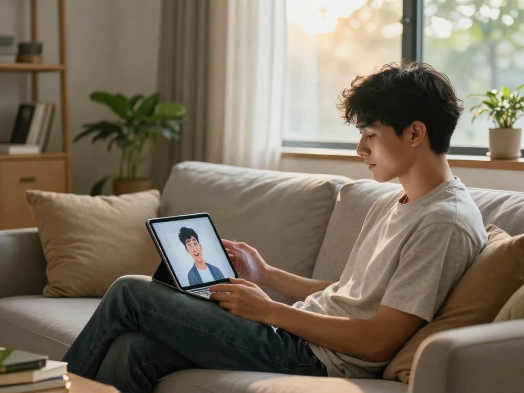 AI porn chat between a young man and an engaging digital companion in a cozy setting.
