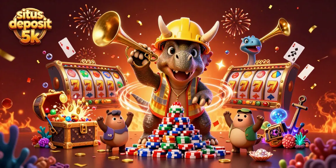 Experience the thrill of situs deposit 5k with vibrant slots, golden poker chips, and joyful illustrations celebrating gaming.