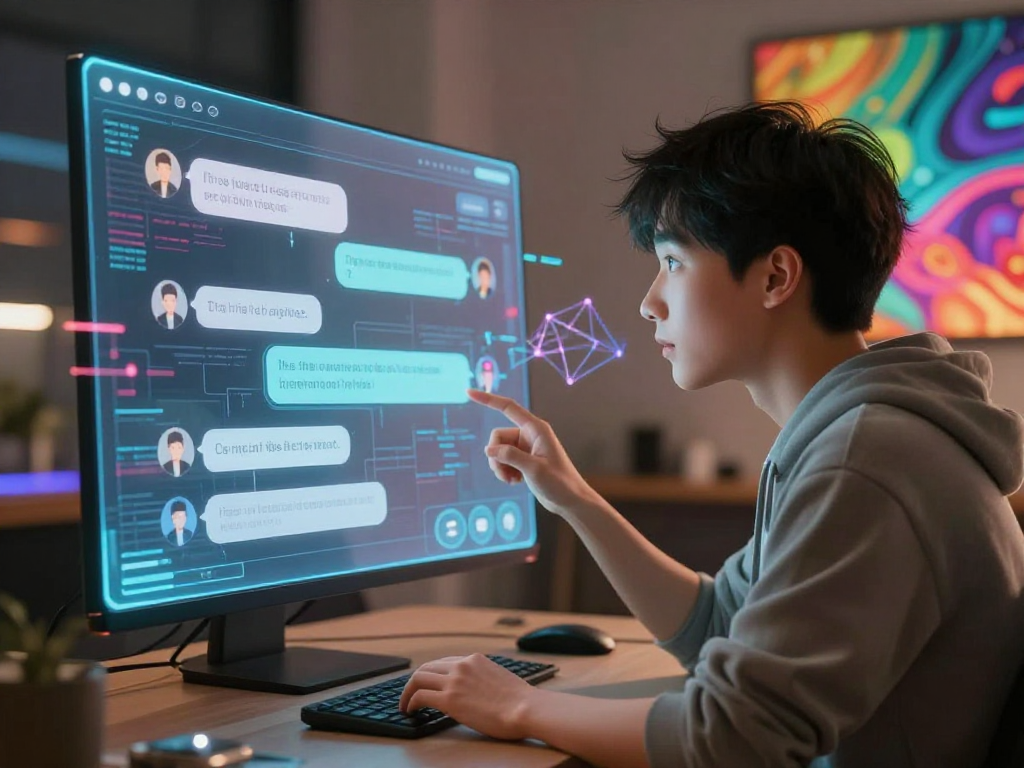 Engaging ai porn chat with an animated avatar in a futuristic digital chat environment.