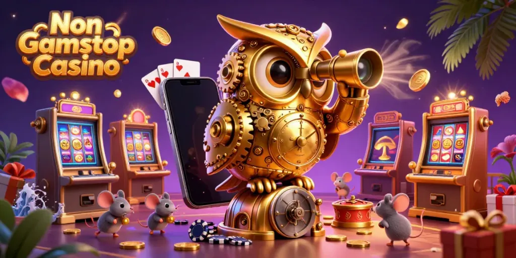 Engage with Non Gamstop Casino through vibrant gaming visuals featuring a golden owl and lively elements.