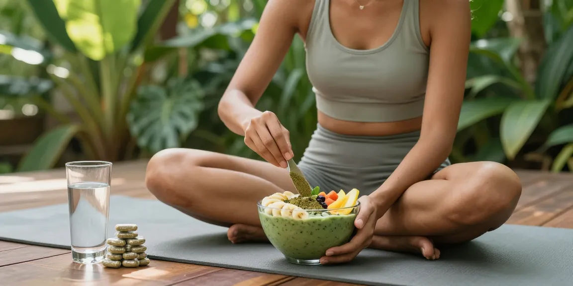Mixing Green Bali Kratom powder into a healthy smoothie bowl at behappygoleafy.com/green-bali-kratom amidst a vibrant tropical garden.