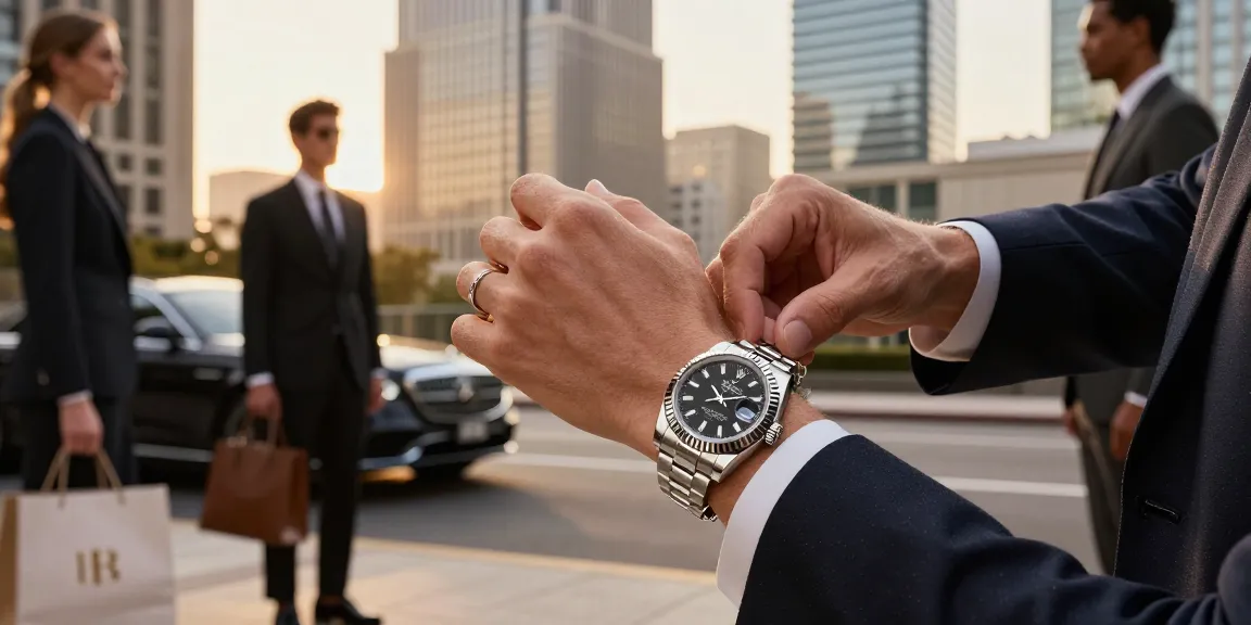 Elegant individual showcasing Rolex super clone watches in an upscale urban setting with luxury elements.