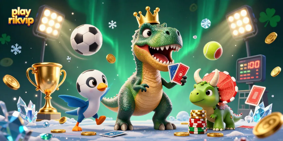 Join the fun at play rikvip with a whimsical 3D casino scene featuring dinosaurs and sports elements.