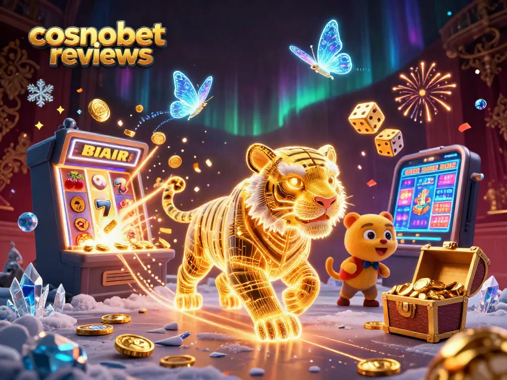 Explore cosmobet reviews with a vibrant 3D casino scene featuring games and bonuses.