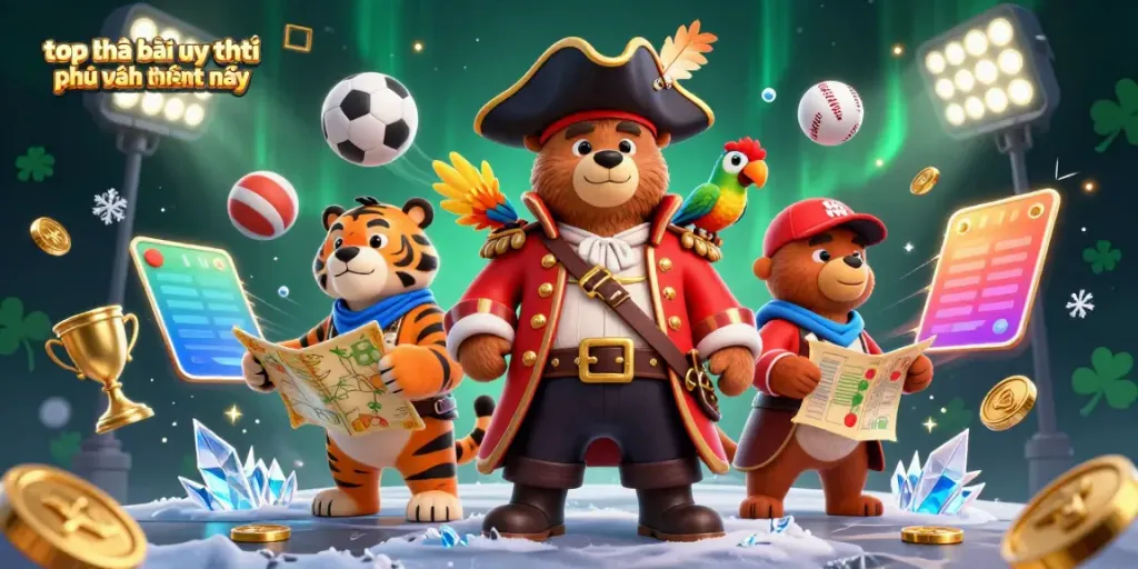 Bet on the top nhà cái uy tín phổ biến hiện nay featuring a bear captain, tiger first mate, and parrot in a vibrant casino scene.