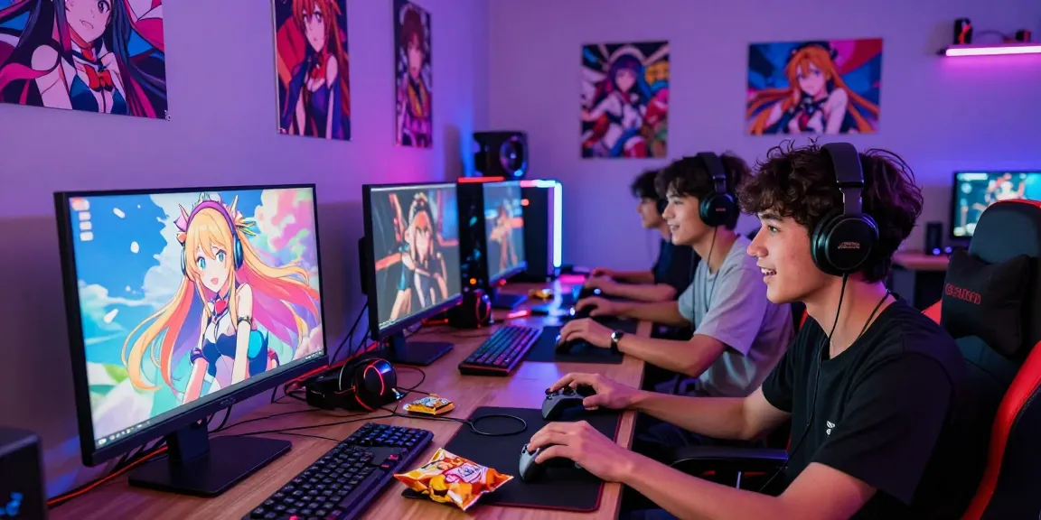 Enjoying hentai games in a vibrant gaming room filled with anime art and accessories.