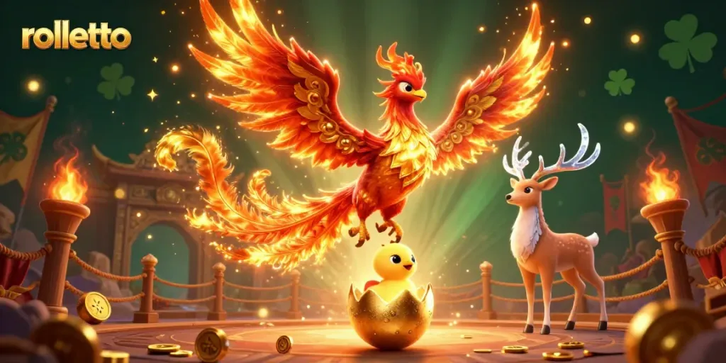 Experience rolletto's thrilling gaming atmosphere with phoenixes and betting symbols.