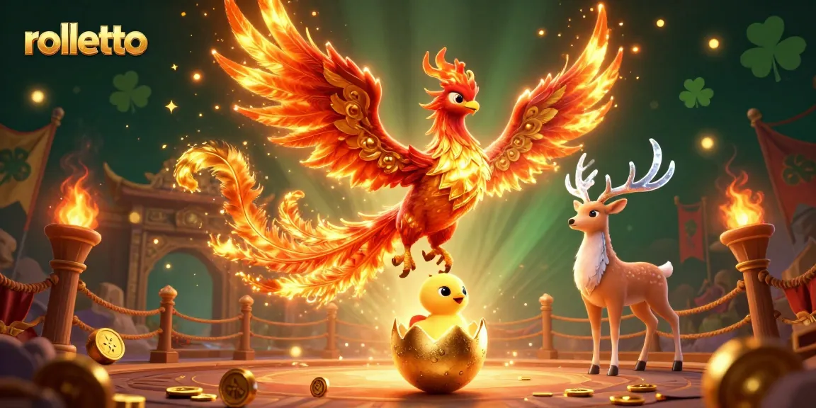 Experience rolletto's thrilling gaming atmosphere with phoenixes and betting symbols.