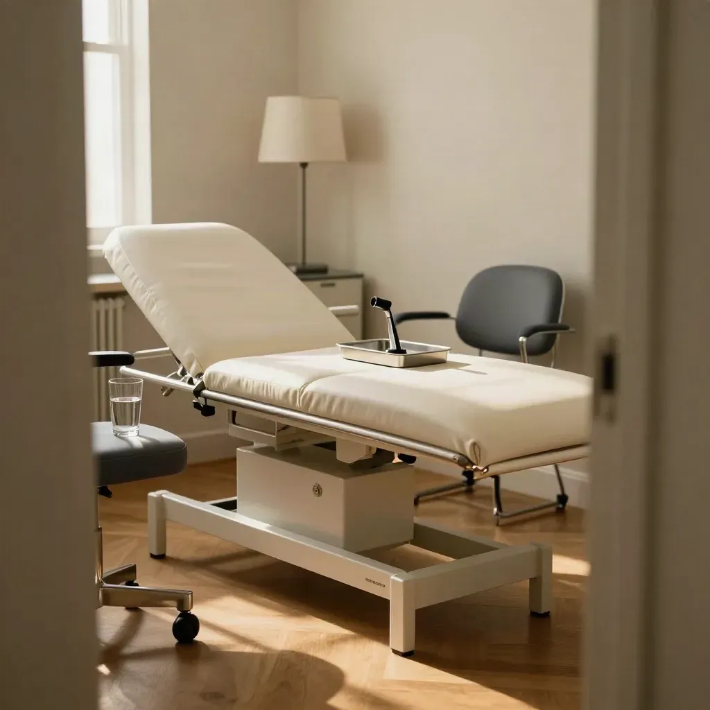Private GP room with exam couch, lamp, chair, otoscope tray and water glass in warm morning light.