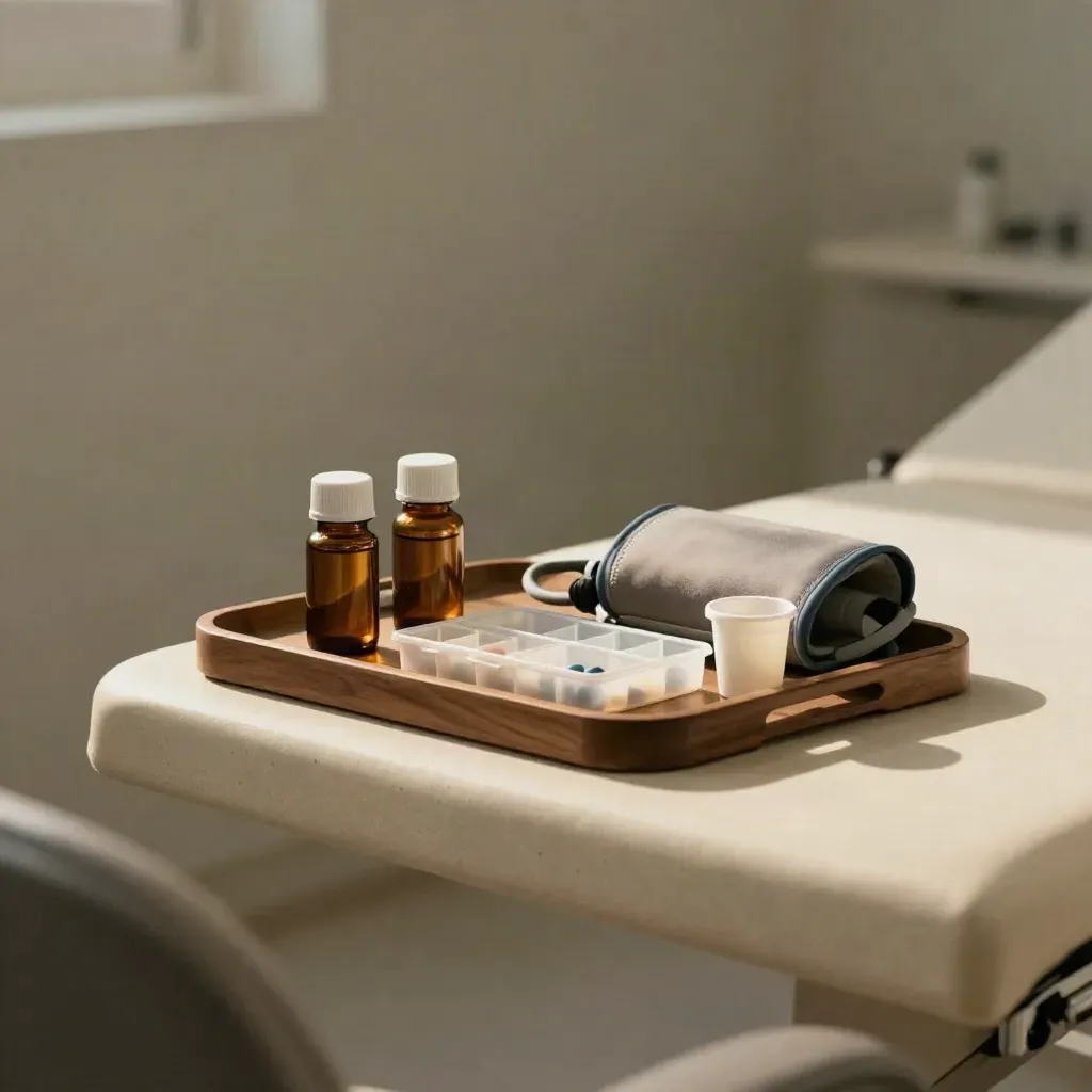 Amber medicine bottles, pill organiser and blood pressure cuff on a walnut clinic shelf.