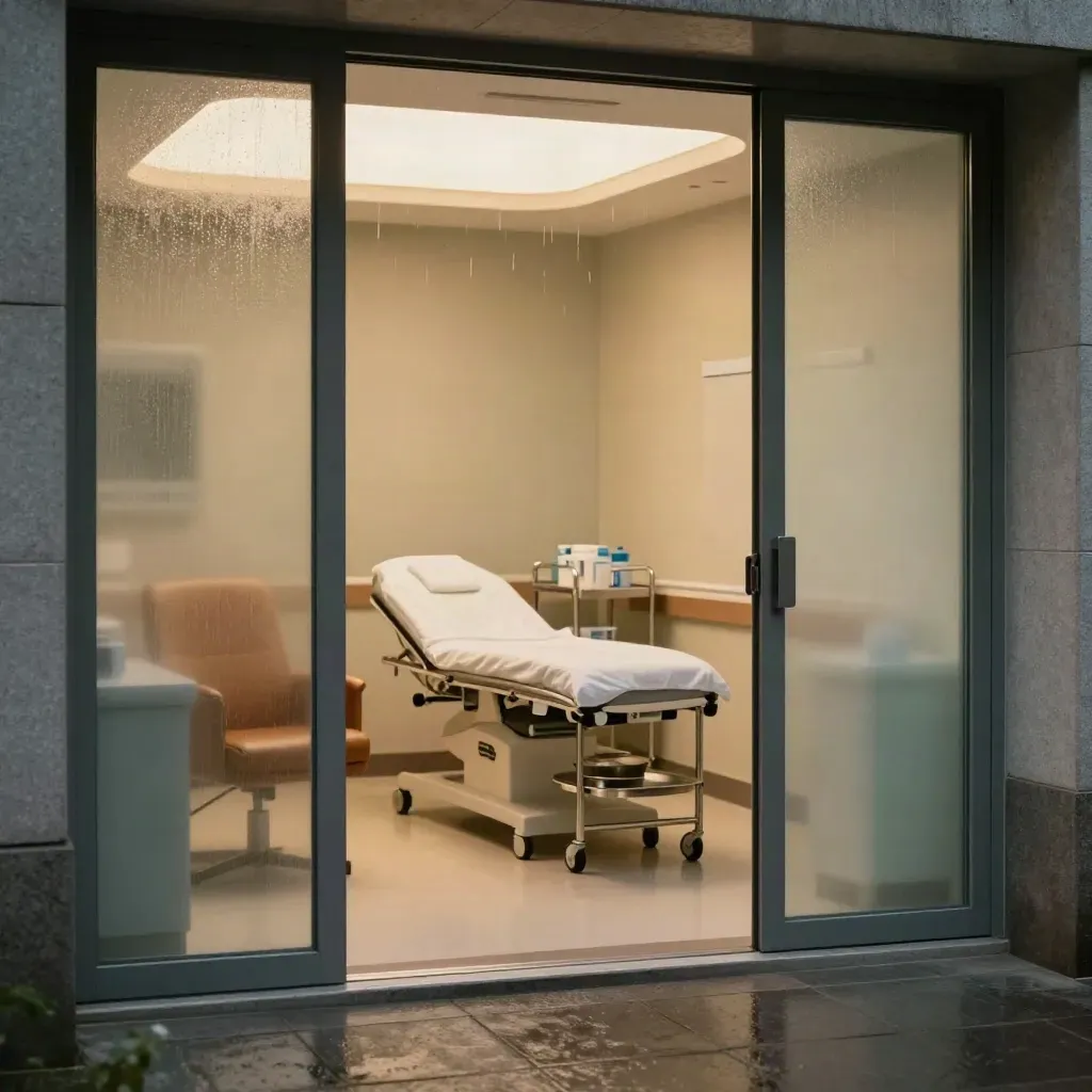 Rain-dark private clinic suite with leather chair, exam couch and glowing treatment room.