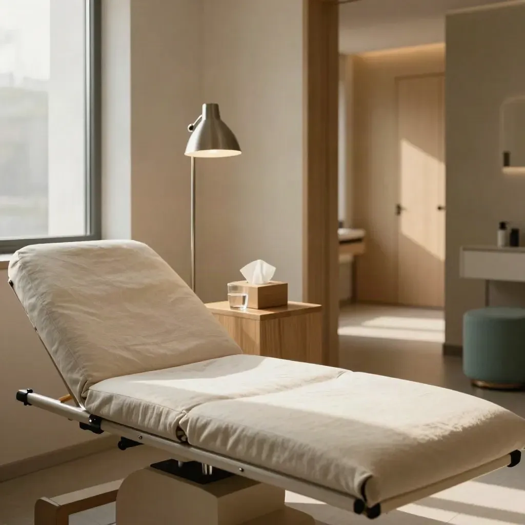 Empty private clinic room with exam couch, lamp, tissues, water and corridor to diagnostics.