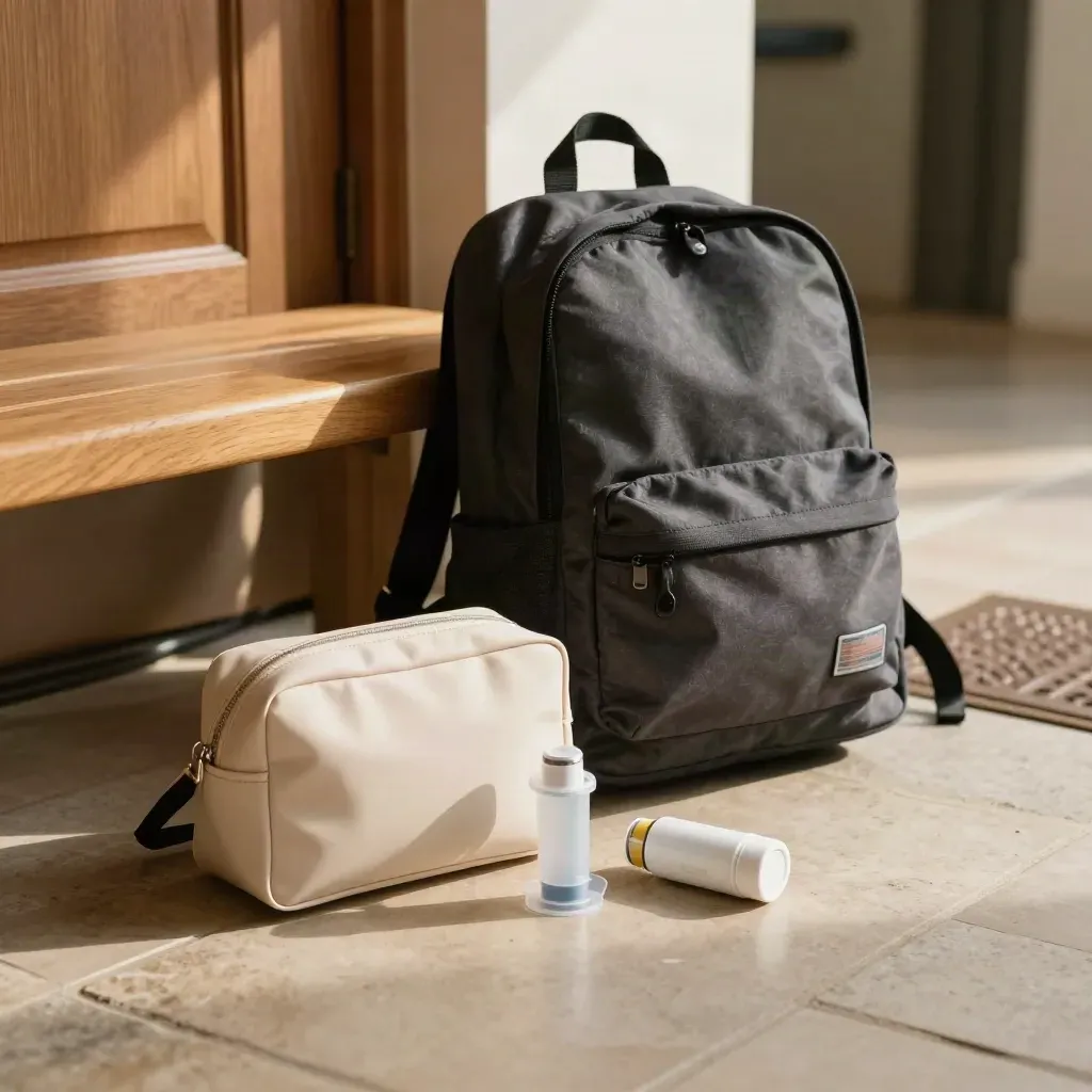 Asthma inhaler kit and school backpack waiting by a bright front door.