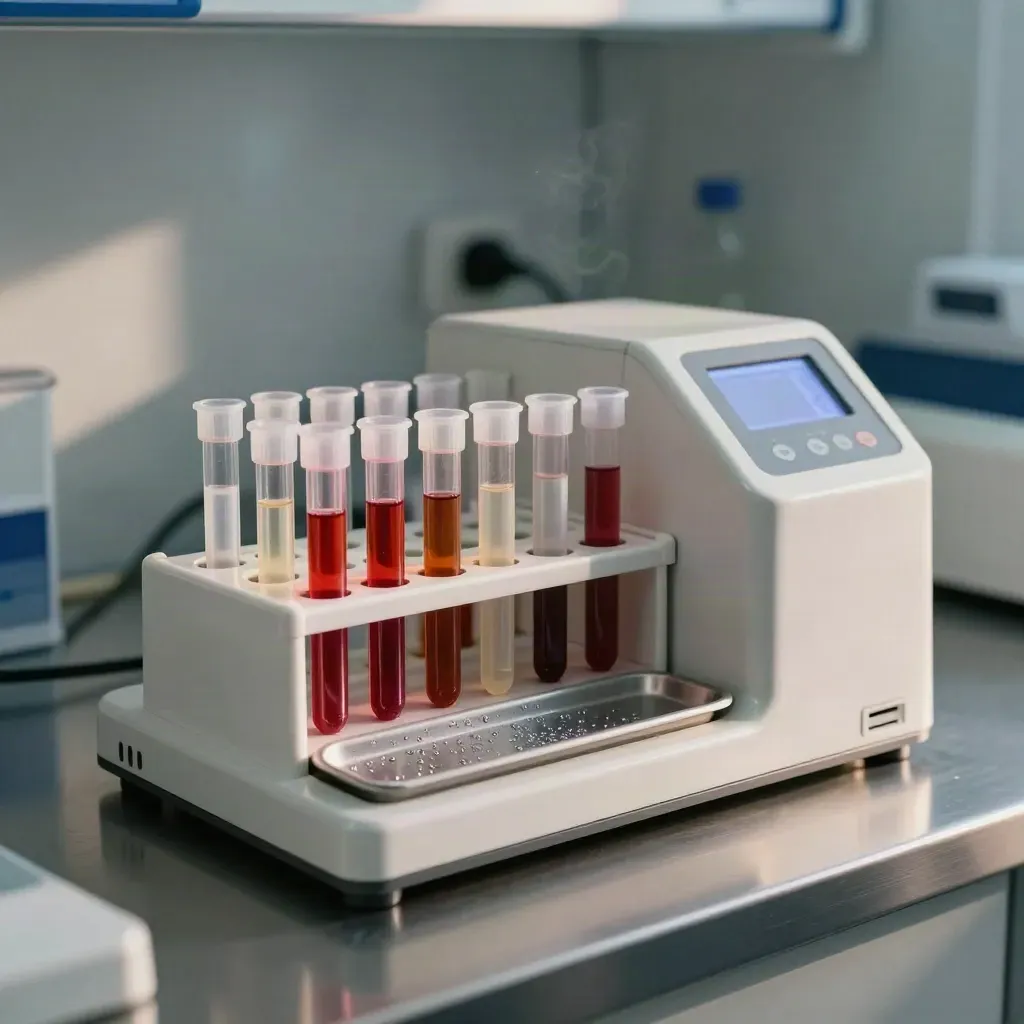 Blood test tubes and chilled tray beside a glowing analyzer on a lab bench.