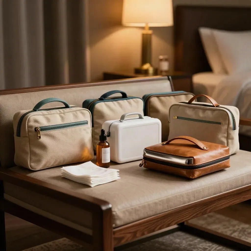 Packed family travel-health kit on a hotel bench with pouches, first-aid case and bottles.