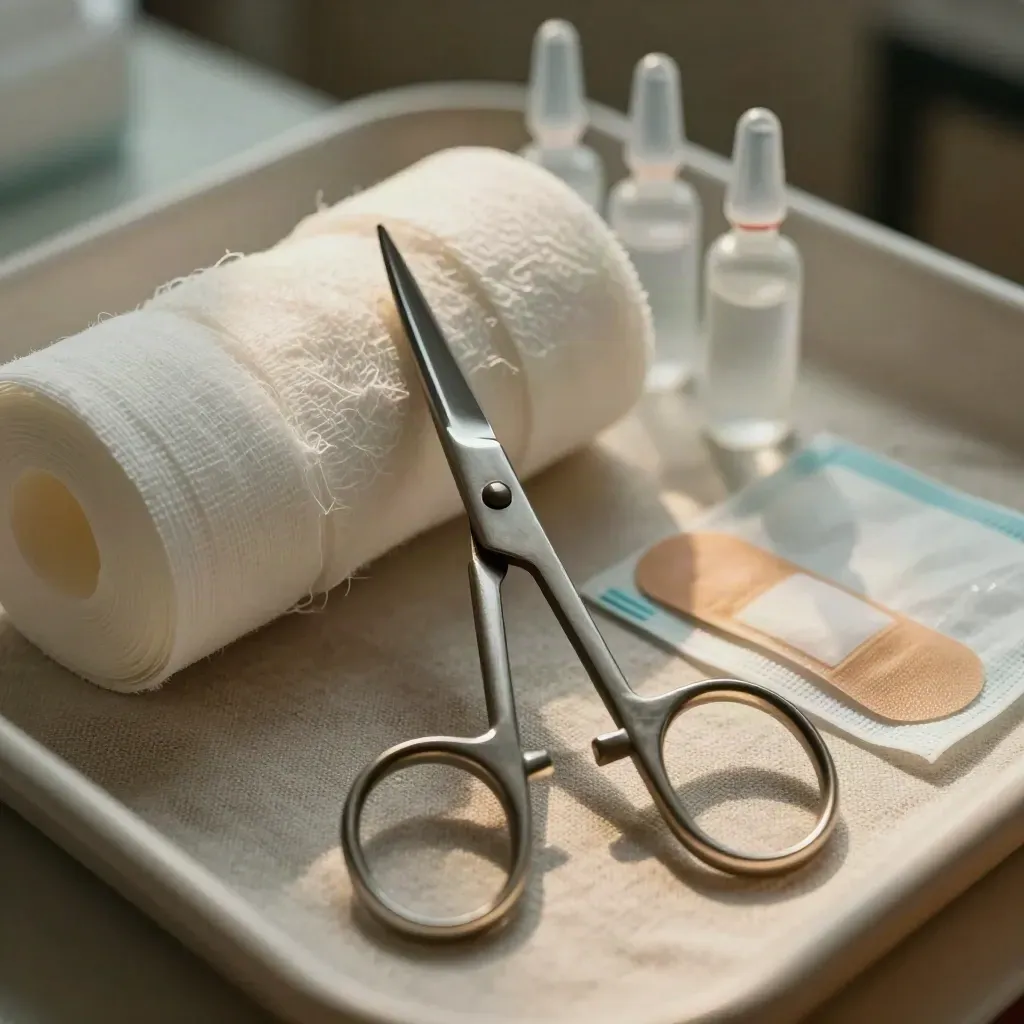 Top-down close-up of wound-care scissors, gauze rolls, saline ampoules and dressings on linen.