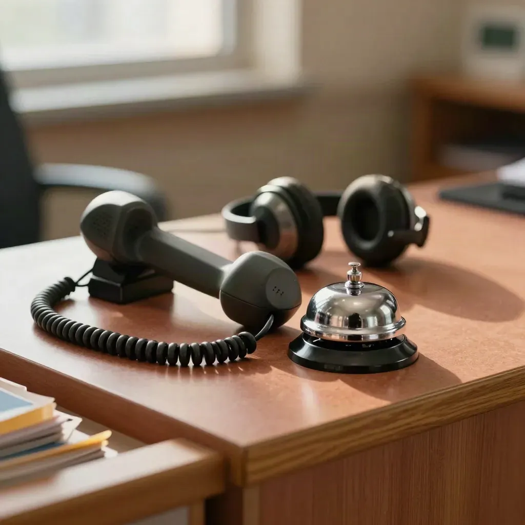 Clinic handset, appointment bell, headset and face-down file tabs on a warm counter