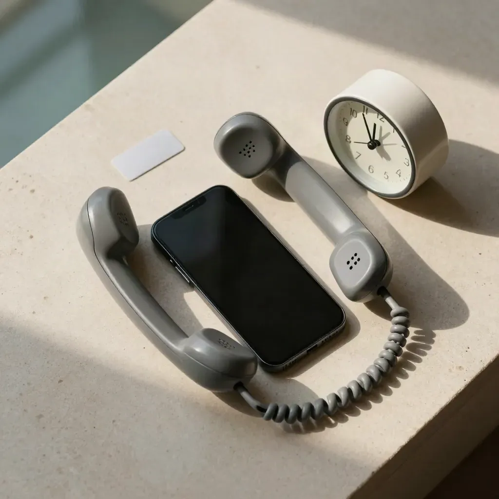Overhead still life of a face-down smartphone, desk handset and ceramic clock on pale stone.