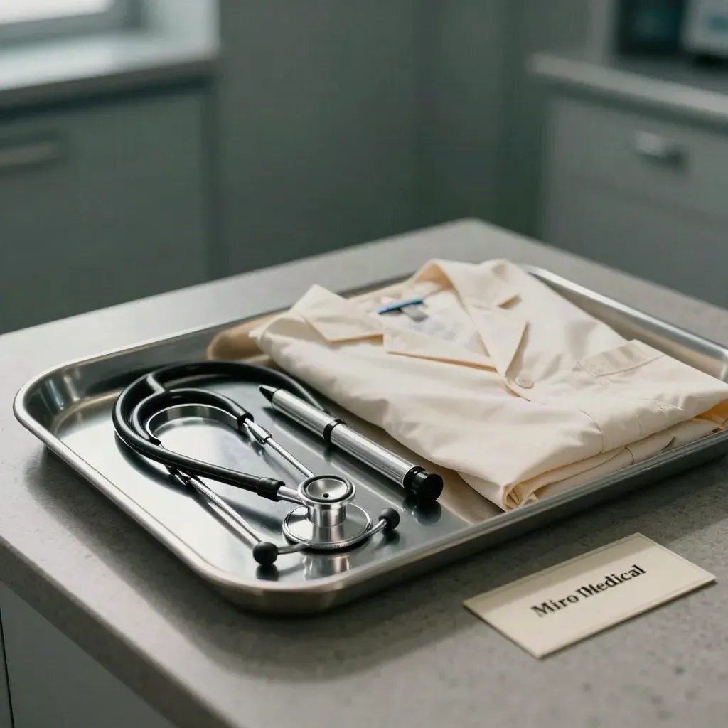 Chrome tray with stethoscope, penlight, otoscope and folded gown in a quiet clinic still life.