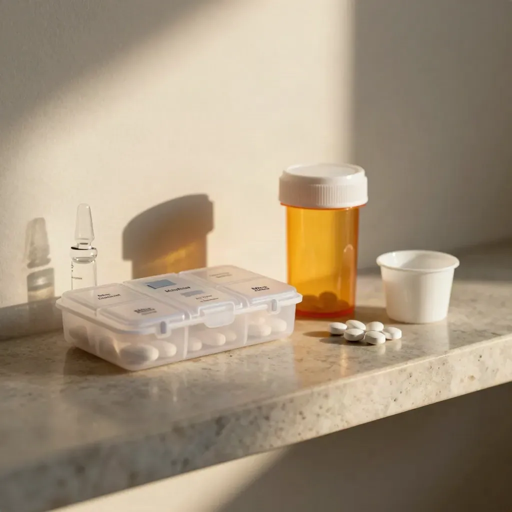 Pill organiser, amber bottle, sample vial and medicine cup on a stone shelf in soft morning light.