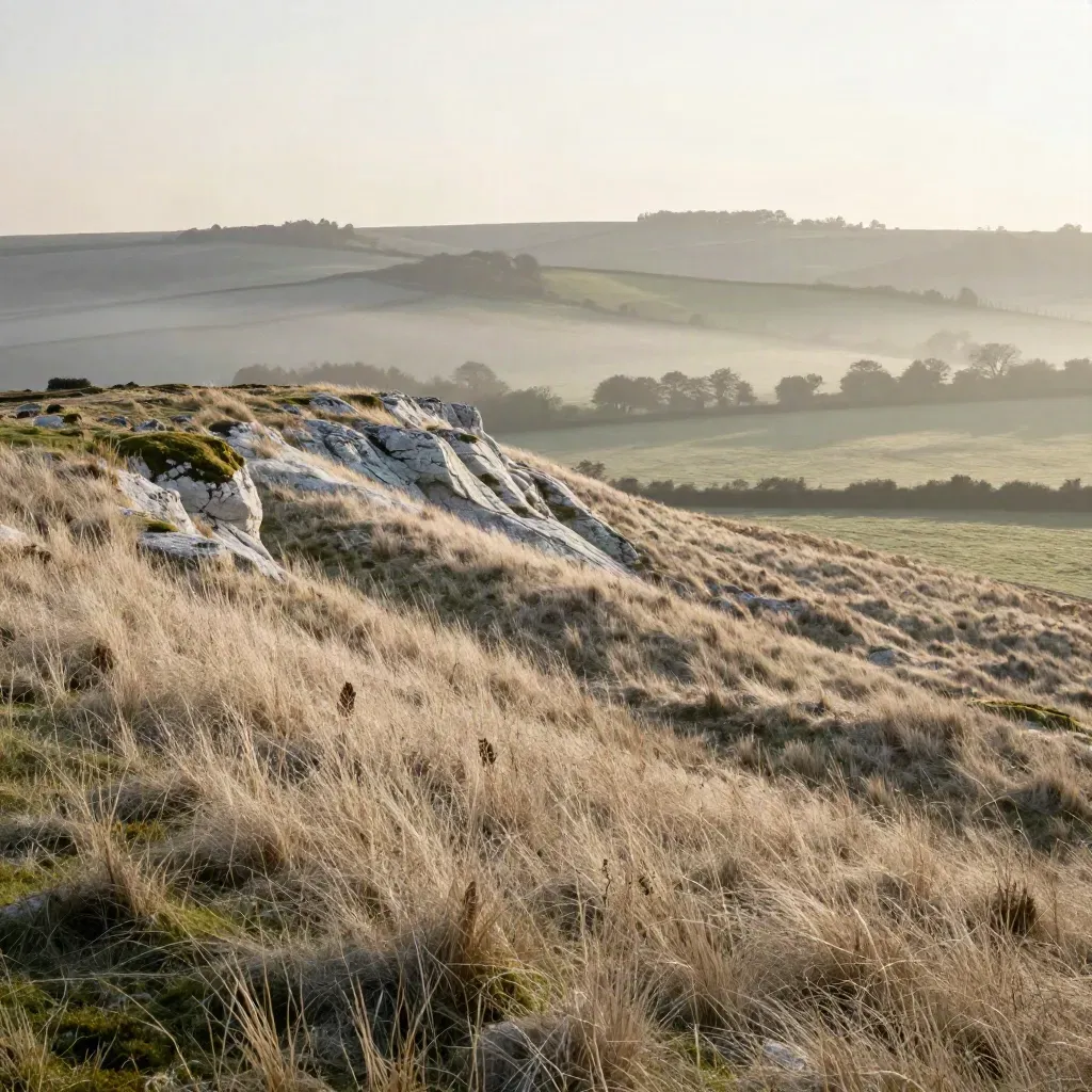Surrey Hills escarpment in morning haze, chalk slopes and autumn grasses under first light.
