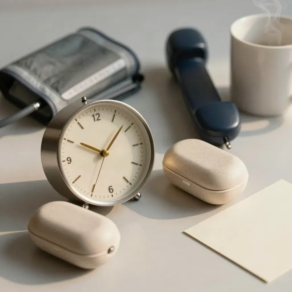 Analogue clock, pillbox, blood pressure cuff, handset and steaming mug on pale ash wood.