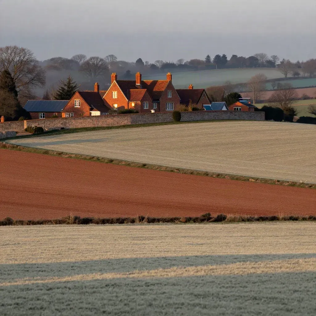 Hertfordshire fields, flint wall and red-brick manor roofs in evening haze