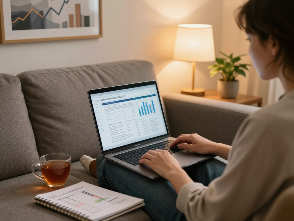 Individual planning for debt consolidation in a cozy living room with financial documents and a laptop.