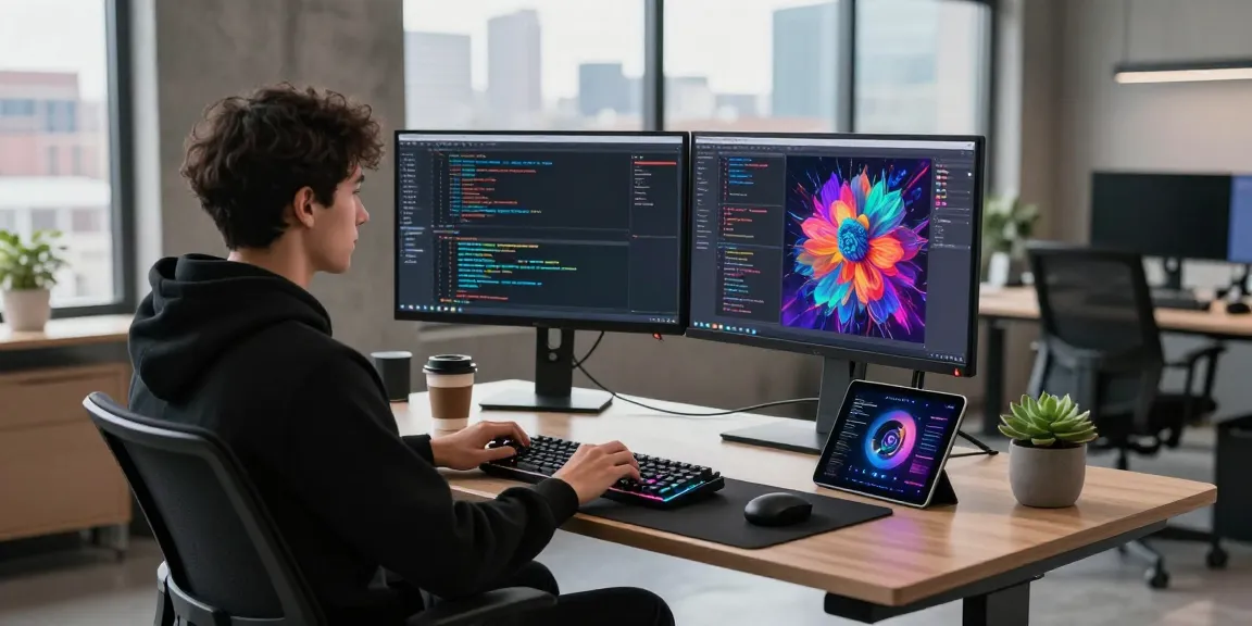 Exploring the potential of generative AI in a modern tech workspace with vibrant code and AI art on display.
