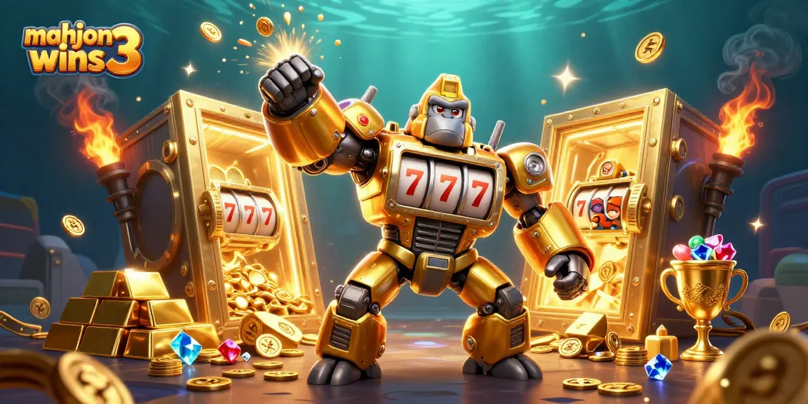 Experience mahjong wins 3 with a spectacular golden gorilla mech amidst treasure and excitement.