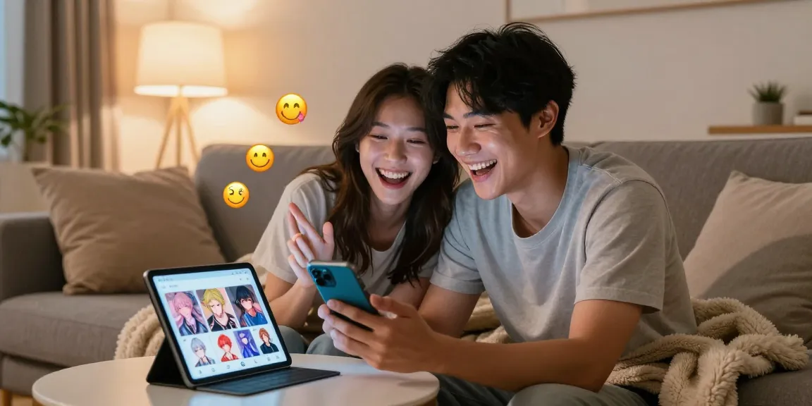 Couple enjoying ecchi AI chat on smartphone in cozy living room, showcasing playful interaction and laughter.