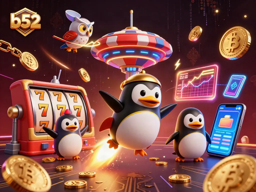 Bet on b52: Exciting golden penguin and slot reels cascading coins in a vibrant casino space scene.
