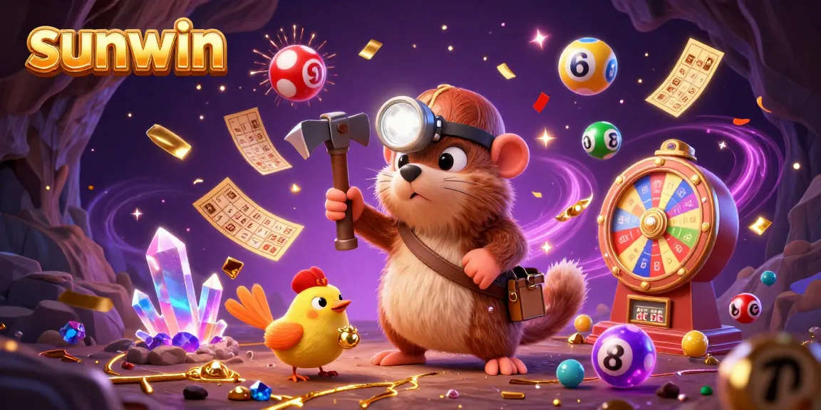 Experience the thrill of sunwin with vibrant lottery games, golden treasures, and celebration in this captivating illustration.