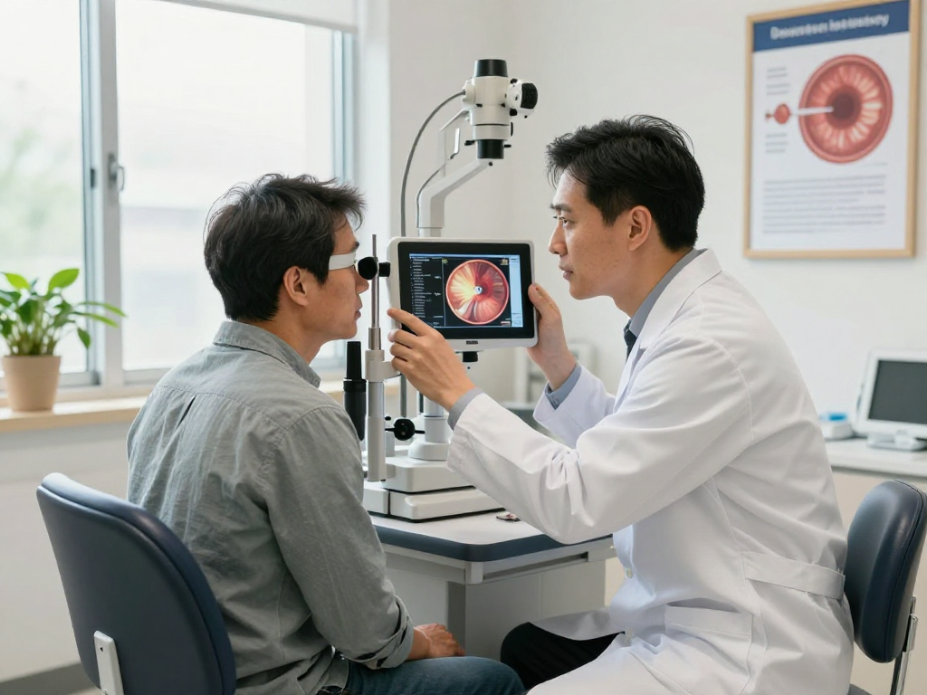 Ophthalmologist examining patient for diabetic retinopathy treatment in a modern clinic setting.