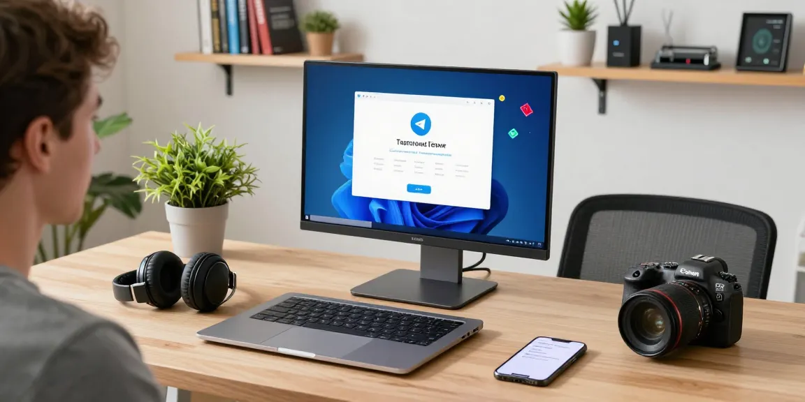 Experience Telegram下载 on your PC with a user downloading the app in a modern workspace.