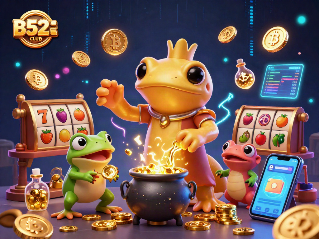 Play with B52CLUB featuring a vibrant casino scene with golden salamander and crypto elements.