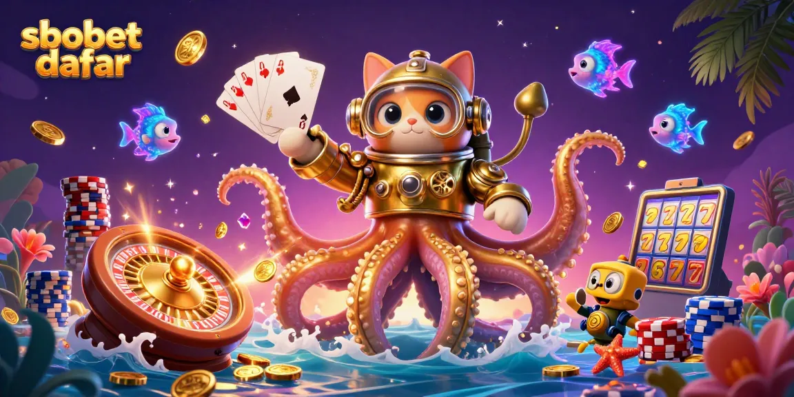 Bet on sbobet daftar with thrilling visuals of a kraken and diving cat amidst casino elements.