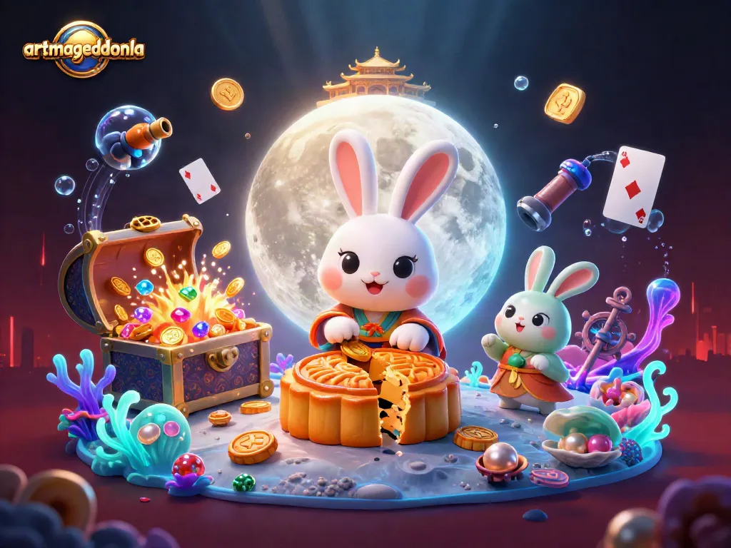 Engage with artmageddonla in a vibrant casino scene featuring moon rabbits and treasure elements.