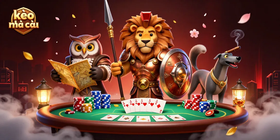 Engage with kèo nhà cái analysis featuring a Spartan lion and tactical characters amid dynamic casino elements.