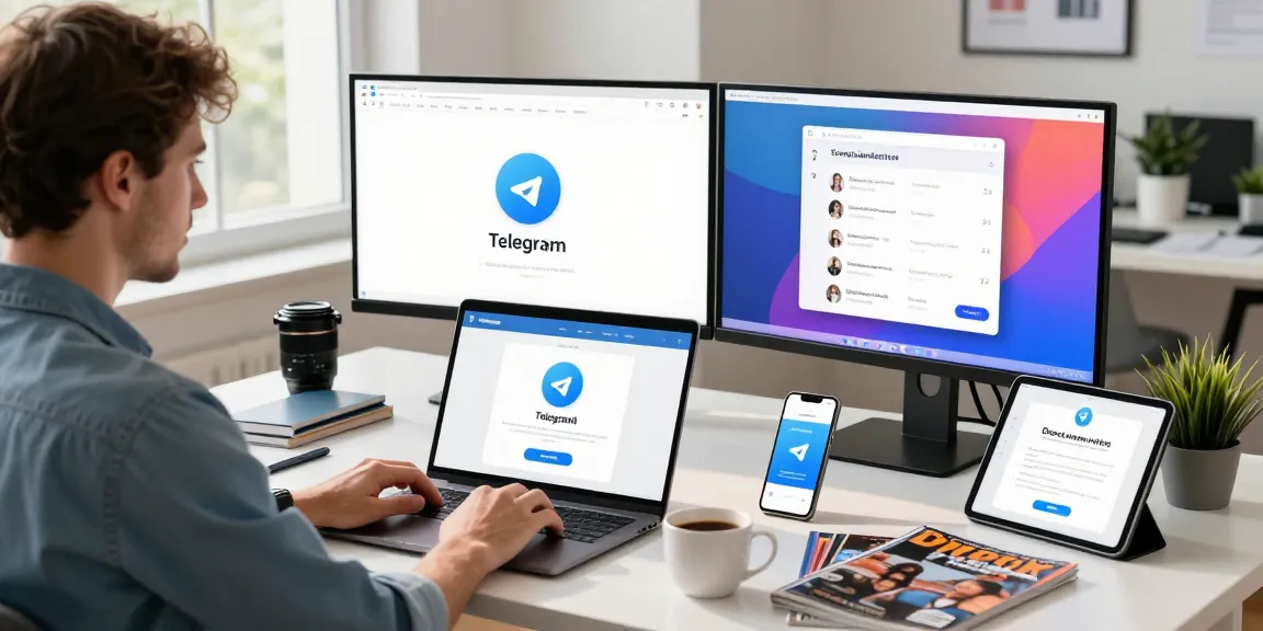 Explore the Telegram Download process in a modern tech workspace scene with vibrant interface.