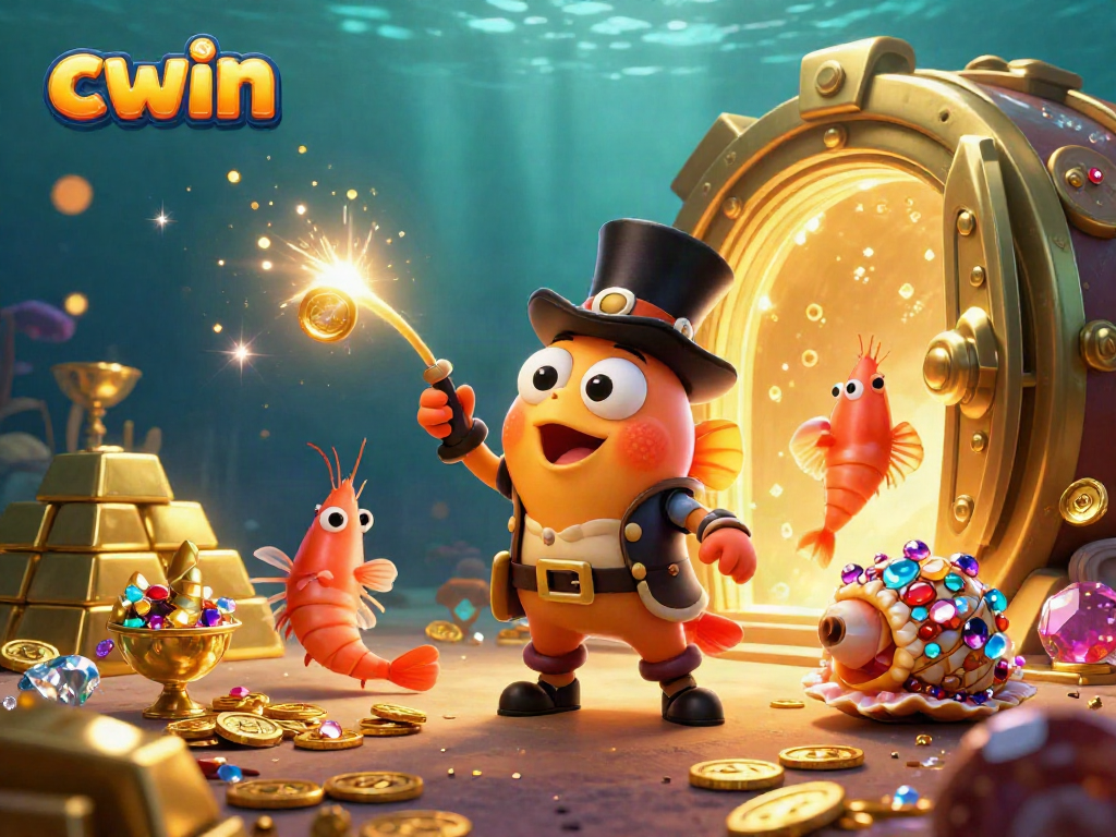 CWIN promotes excitement with a glowing anglerfish luring golden coins amidst vibrant treasure in a dynamic casino scene.